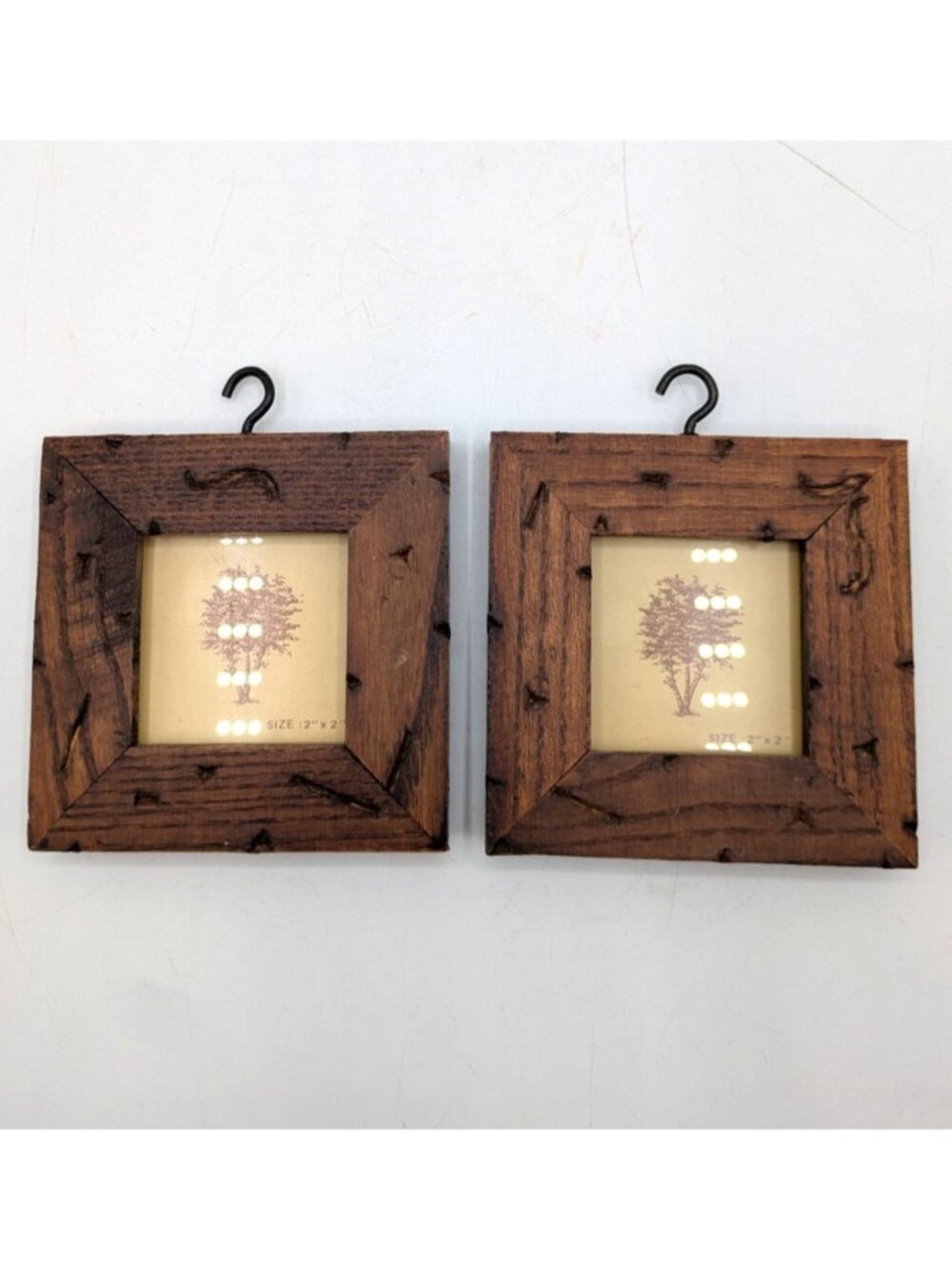 Vintage Miniature Wooden Set of 2 Frames Holds 2x2 Photo Rustic Lodge 3.5"